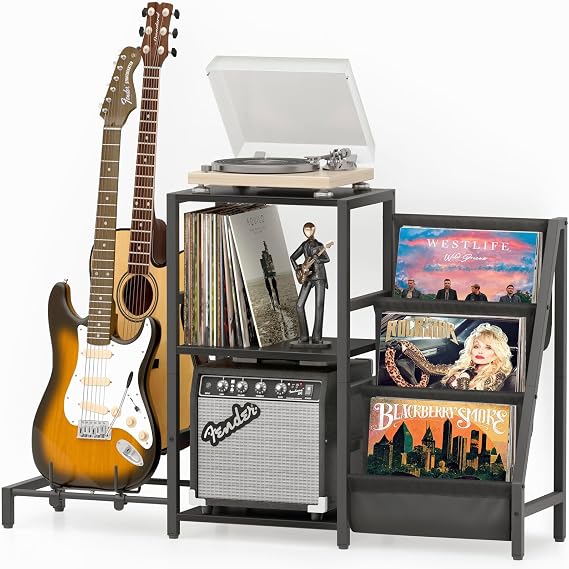 Bikoney Mid Century Modern Record Player Stand, Guitar Stand for Acoustic, Electric Guitar, Bass with Amp Stand, 3-Tier Vinyl Record Storage, Vinyl Record Display Stand for Living Room