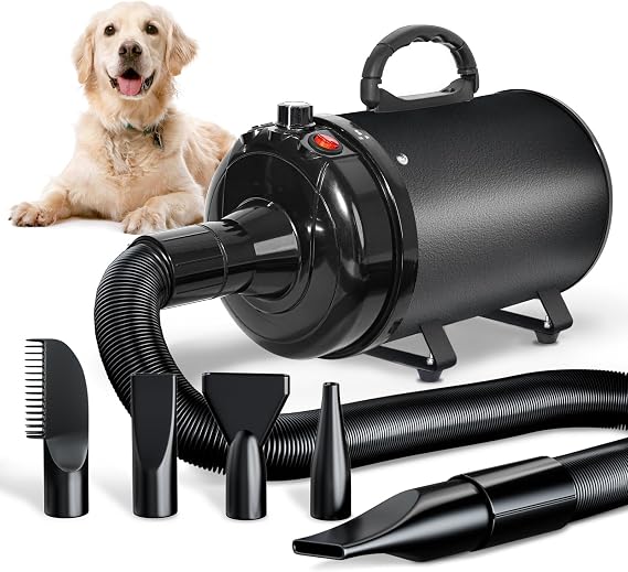 Hundefön Blower Sehr Leise 3000W Einstellbare Geschwindigkeit Hundepflege-Trockner-Gebläse mit 4 verschiedenen Düsen elastischem Schlauch