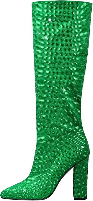 onlymaker Knee High Rhinestone Boots Chunky Heels Pull-on Point Toe Glitter Sequins Booty