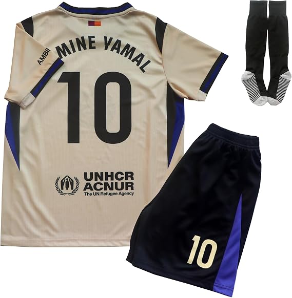 LeenBD Barca #10 Y. 25/26 Away Kids Soccer Jersey Shirts Football Futbol Socks Set Youth Sizes(Cream,30).