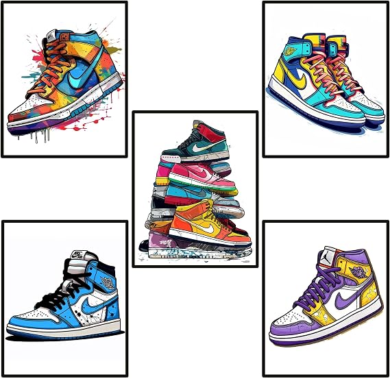 Sneakers Poster Sneaker Room Decor Unframed Set of 5 (8 x 10 Inch) Sneakers Wall Art Decor Sneaker Air Gym Shoes Shoebox Collection Aesthetic Cool Poster for Teen Boys Guys Men Room Bedroom Wall Decor