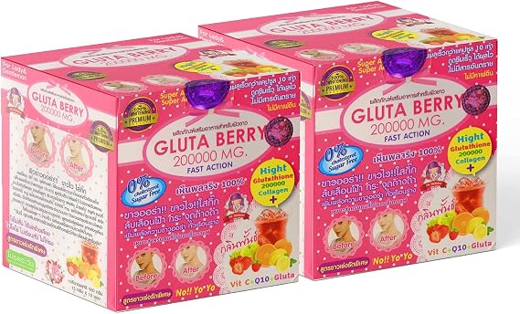 Gluta Berry 200000Mg Glutathione & Collagen Drink 10 Sachets Fast Actions Marine Collagen Skin Nourishmen Mineral & Vitamin Rich Supplement (Pack of 2)