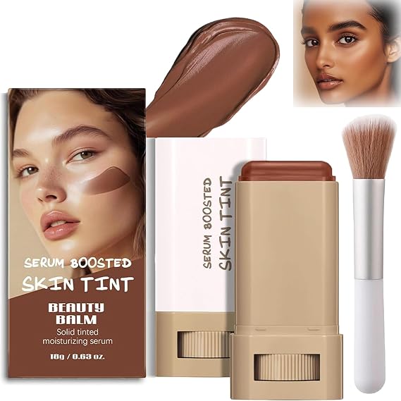Beauty Balm Serum Boosted Skin Tint with Brush – Hydrating Tinted Moisturizer Foundation & Portable Contour for Face Makeup, Full Face Concealer with Lightweight Radiant Glow Korean Beauty (#2 Mocha)