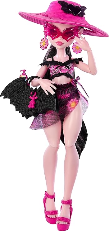 Monster High Scare-adise Island Draculaura Doll with Swimsuit Sarong & Beach Accessories such as Hat Sun Protection & Carry Bag Pink Red