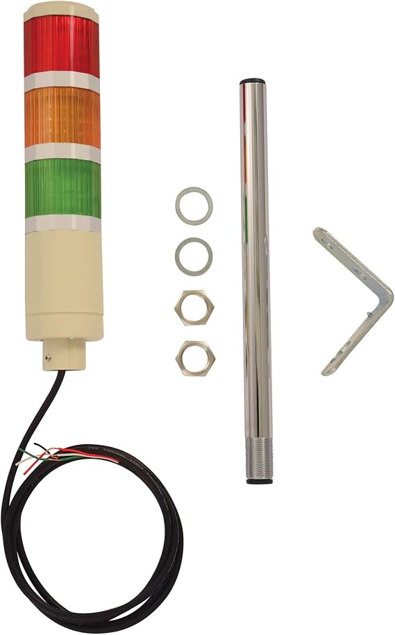 3 Stack Super Bright LED Tower Light, 110VAC, Steady On, Red/Amber/Green, 12 inch Threaded Pole, Right Angle Bracket, 5 Foot Bare Wire Leads (NO Power Cord OR Controls Included)