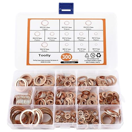 Toolly Copper Washer Assortment Set, 300Pcs 12-Sizes Copper Metric Sealing Washers Kit, Flat Washers Assortment Set - M5 M6 M8 M10 M12 M14 M16 M20