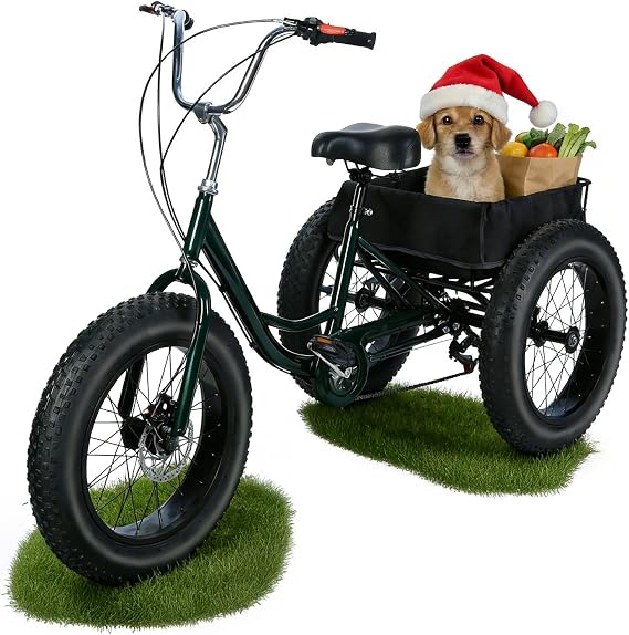 Tricycle for Adults, Adult Tricycle with Shopping Basket and 20 Inch Big Snow Tires, 3 Wheel Bikes for Adults with 7 Speed and Double Disc Brake, Dark Green