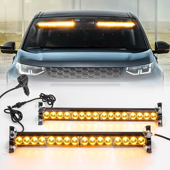 2x17Inch Led Car Strobe Warning Lights, 32LED Windshield Flashing Beacon | 2 in 1 Emergency Dash Recovery Light Bar ,23 Flash Patterns,IP65,Suction Cups,for Car Vehicles Trucks Van Construction