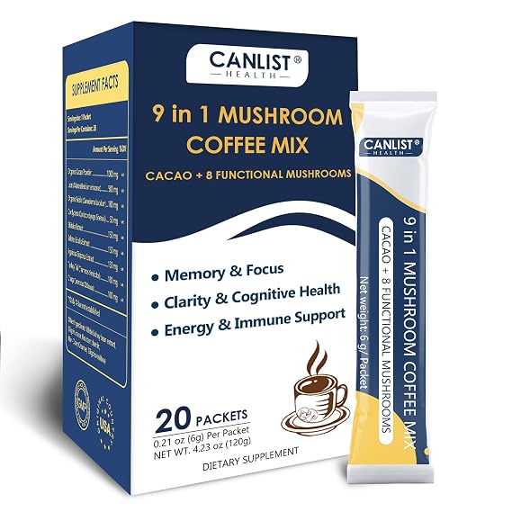 CANLIST Organic 9 in 1 Mushroom Coffee Powder with Lion's Mane & Chaga,Cordyceps, Reishi, Shiitake for Cognitive Focus, Immune Support & Stress Relief, Non-GMO & Vegan Friendly(20 Stick Packets)
