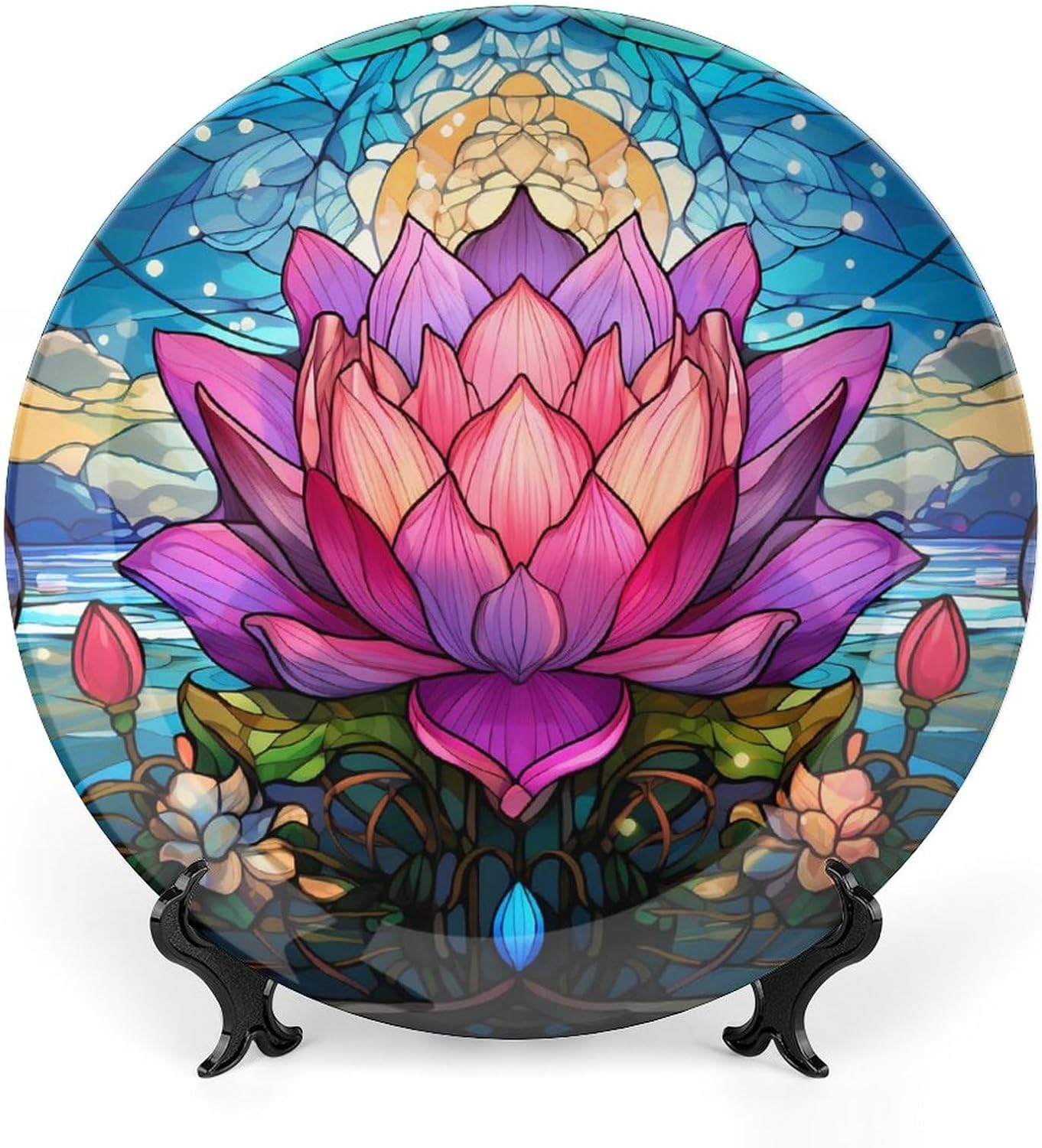 Decorative Plates, Boho Water Lily Stained Glass Design Display Plate for Home Office Kitchen Table Decor Porcelain Plates 8 Inch, Gifts for Lotus Lover