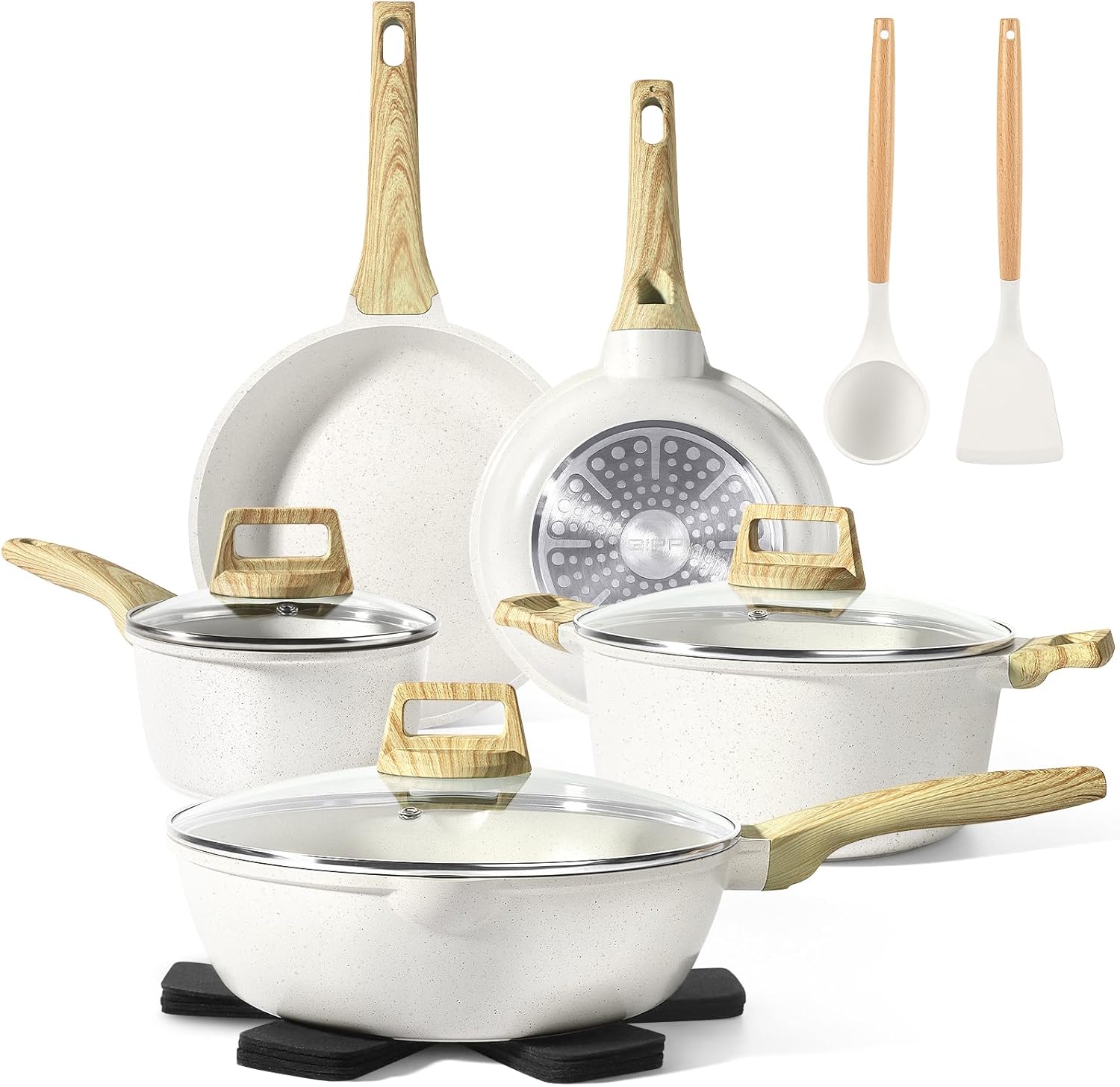 GiPP Pots and Pans Set Non Stick - 14 Piece White Ceramic Kitchen Cookware Sets Nonstick Induction Cookware Non-Toxic Cooking Pan Set with Silicone Spatula&Spoon, PFOS and PFOA Free (White, 14PCS)