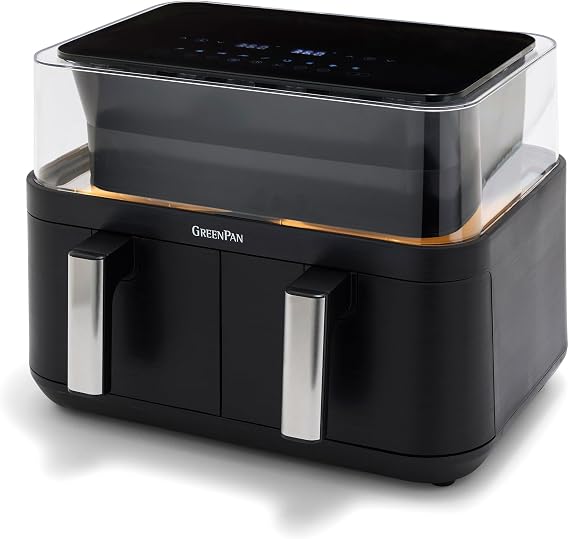 GreenPan Clearview 10QT Double Air Fryer, 360 Clear Window, PFAS-Free Ceramic Nonstick 5QT Drawers & Trays, Dual Cooking, 12-Presets, Shake Reminder, Keep Warm, Dishwasher Safe Parts