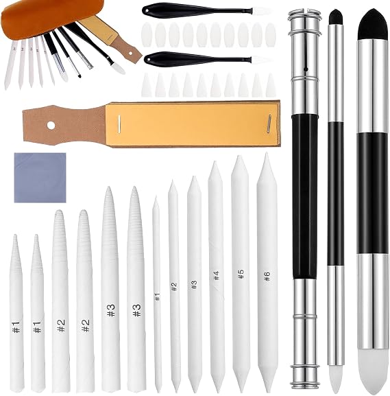 39 Pcs Blending Stumps for Drawing Blending Stump Set Sketch Drawing Tools Accessories with Sandpaper Pencil Sharpener Extension Tool Erasers, Sponge Replacement Heads & Bag for Charcoal Sketch