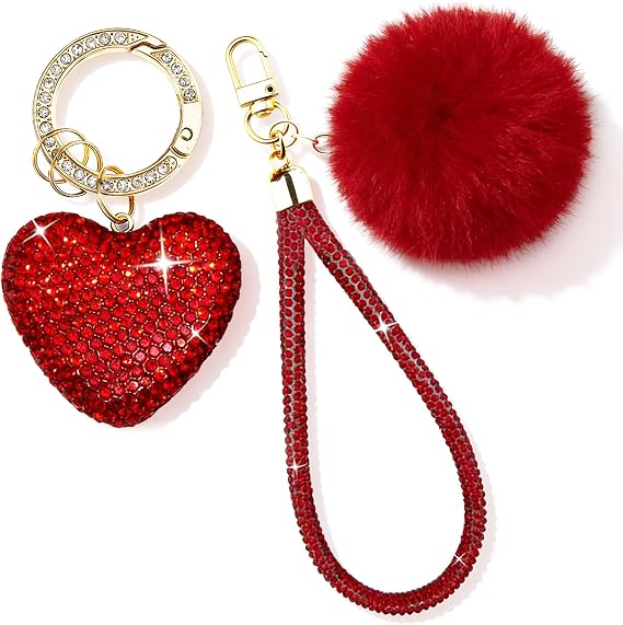 Cute Heart Keychains for Women & Girls, Bling Bag Charms with Wristlet Keys, Purse Charms for Handbags, Pompom Key Chain