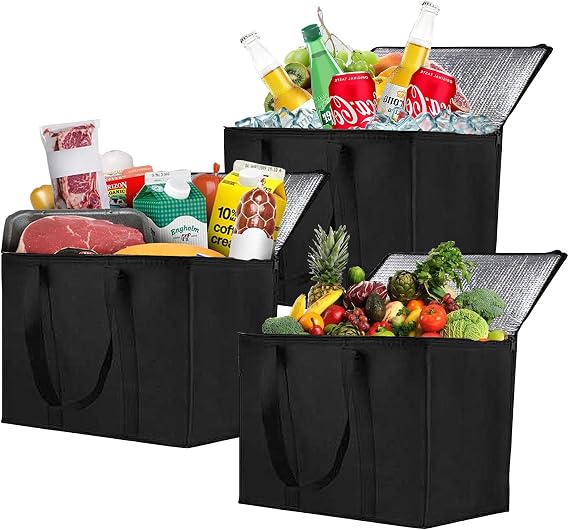 Longzhuo 3 Pack Insulated Grocery Bags with Zippered Top, Black Shopping Bags with Handles, Reusable Collapsible Cooler Bag for Food Delivery, Kitchen, Market, Car Trunk, Camping