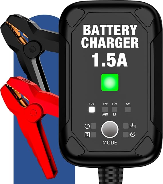 1.5A 6V/12V Car Battery Charger Automatic Trickle Charger, Battery Maintainer & Desulfator with Overcharge Protection & Temperature Compensation For Lead Acid, AGM, Gel, Lithium(LiFePO4) Batteries