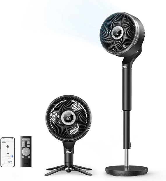 DREO Smart Fan for Bedroom, standing 150 +100 Omni-Directional Oscillating Fans, 120ft CirculAir Quiet Fan with DC Motor, 12 Speeds, 6 Modes, 20dB,Remote Control, 12H Timer