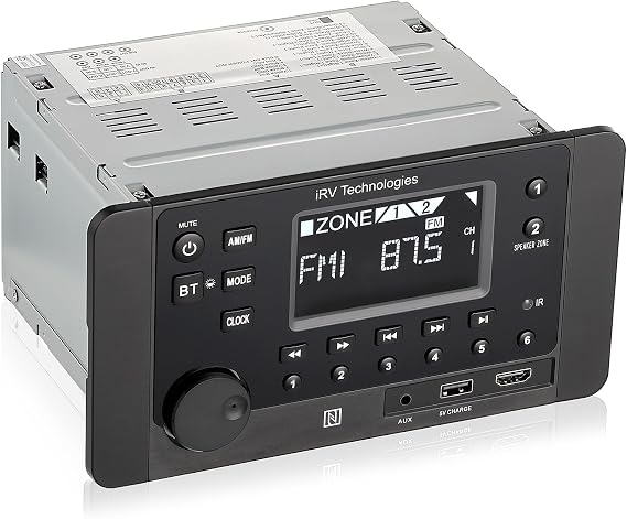 iRVHP2 Mechless Wallmount RV Stereo 2 Zones with Bluetooth HDMI ARC, App Control, AM/FM/App, NFC, USB Charging, Digital Surround Sound, Clock, CEC Support (2 Zones + 4 Speakers)
