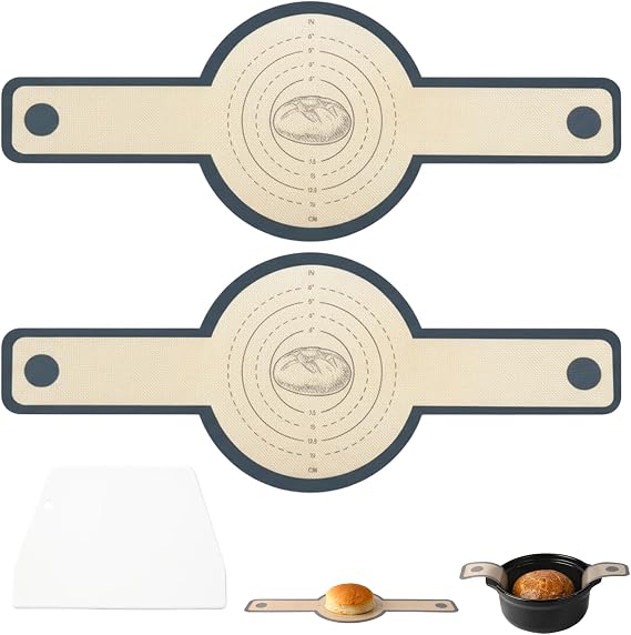 Silicone Bread Sling,2PCS Round Bread Sling with Handles & 1 Plastic Scraper - Non-Stick Reusable Baking Mat for Sourdough Bread Makin