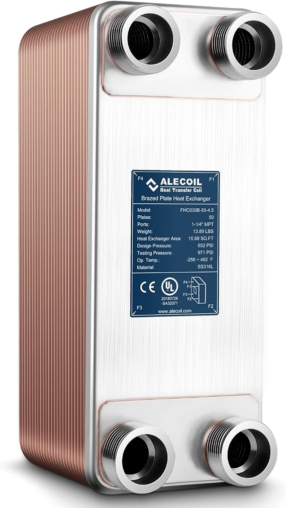 5"x12" 50 Plates Heat Exchanger with 1-1/4" MPT Port Water to Water 316L Stainless Steel Brazed Plate Heat Exchanger for Water Heating, Floor Heating, Commercial and Industrial Refrigeration