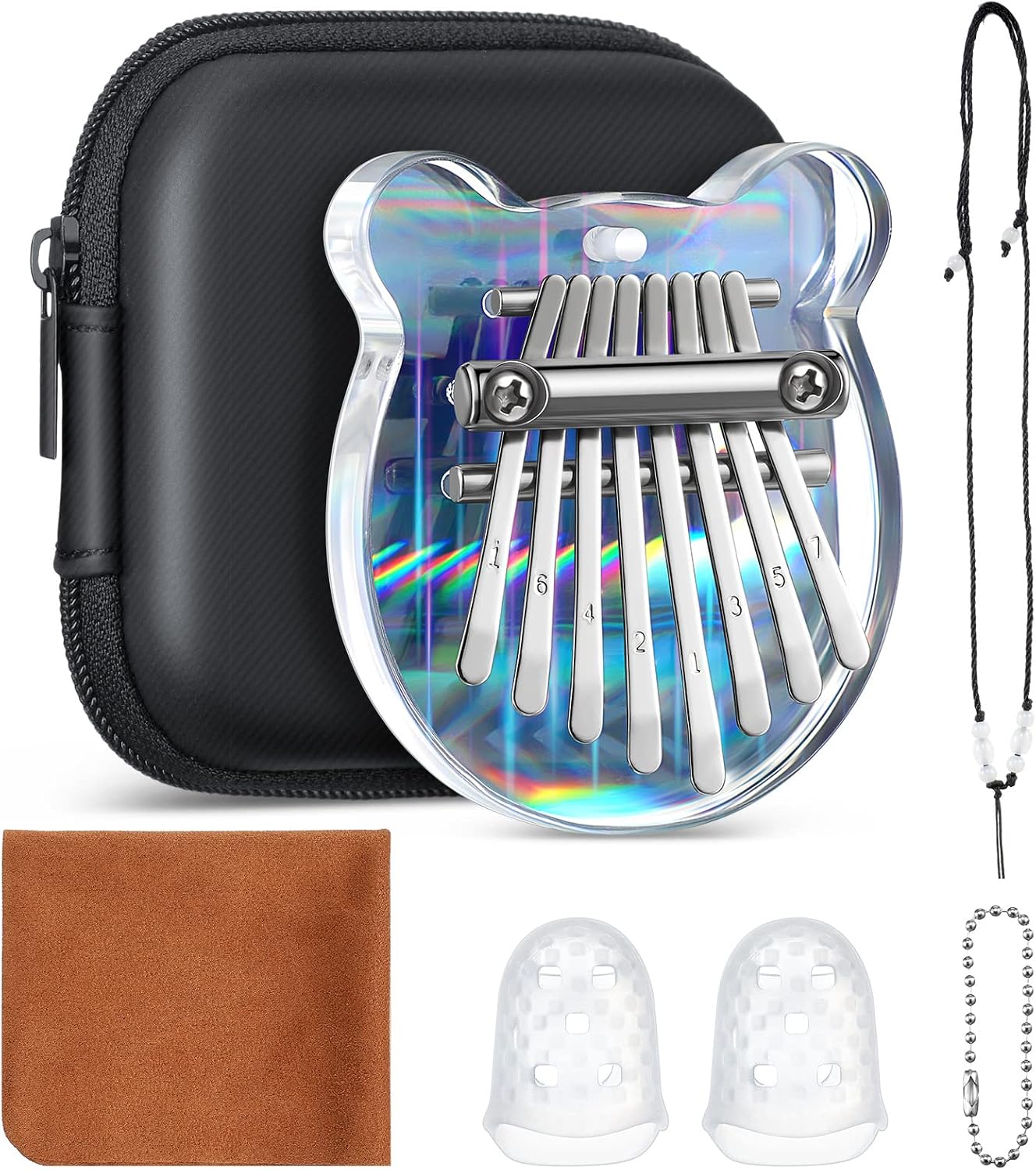 7 Pcs 8 Keys Mini Kalimba Piano Sets, Include Mini Finger Thumb Piano with Lanyard Chain, Finger Protector and Cleaning Cloth for Kids and Adults Musical Beginners Rainbow Bear Style