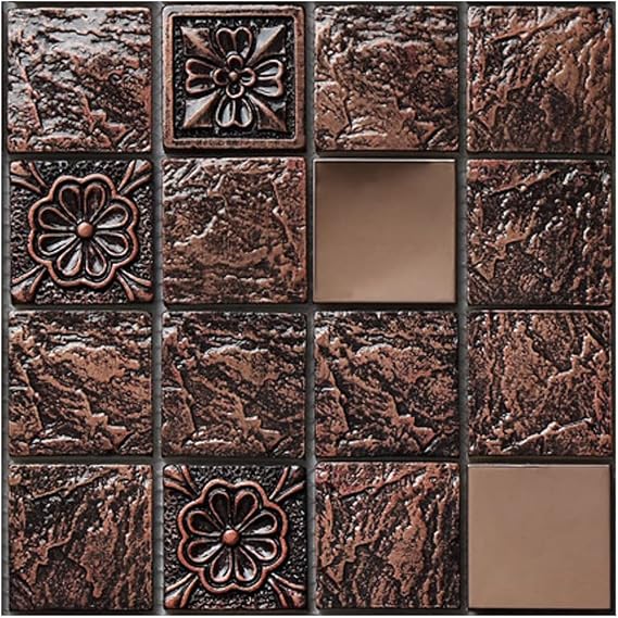 Kitchen Bathroom Marble Wall Tile Stickers, Hiser DIY Rectangle 3D Mosaic Style Decals Sticker for Kitchen Living Room Bathroom Home Decor Self-Adhesive, 10x10cm (Copper pattern,10pcs)