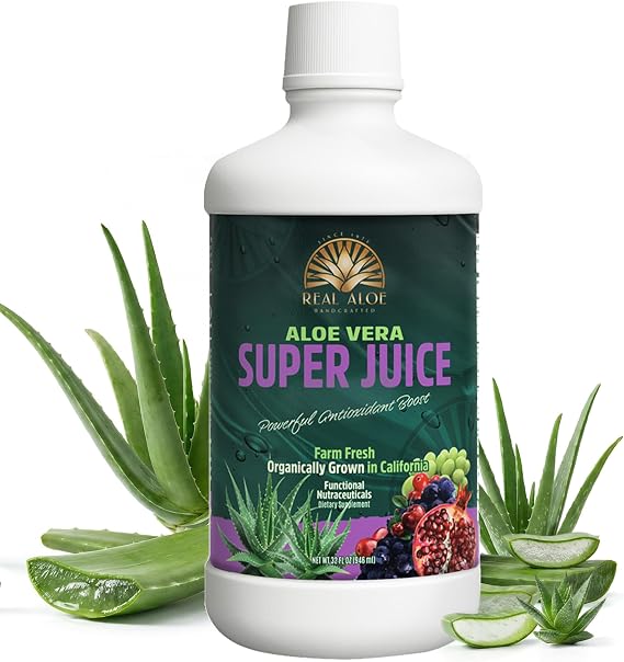 Real Aloe Aloe Vera Super Juice (32 fl oz) | Handcrafted from Certified Organic California-Grown Inner Leaf Gel | Aloin-Free, Digestive & Gut Support | Made in USA