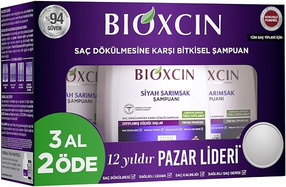 Bioxcin Black Garlic Shampoo 3 x 300 ml – Against Hair Loss, BioComplex B11 and Plant Extract Strengthening Formula – 3 Al 2 Pay