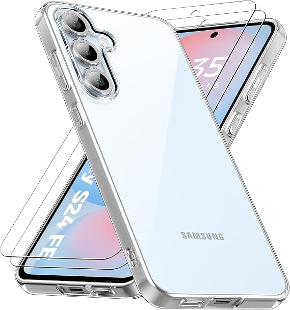 caslord Case for Samsung Galaxy S24 FE 6.7 Inches 1 Mobile Phone Case with 2 Pieces Tempered Protection Glass Soft TPU Silicone Transparent Shockproof Protective Case Transparent Scratch-Resistant Mobile Phone Case Cover