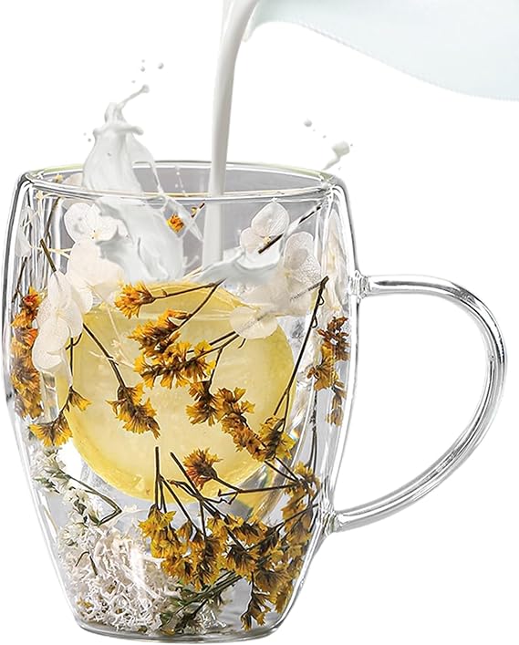 Flower Glass Double Wall Glass - 350ml Aesthetic Dried Flowers Double Wall Glass Coffee Mugs | Clear Glass Cups With Handle,Anti-Scalding Coffee Cups For Hot Beverages,Tea Or Coffee