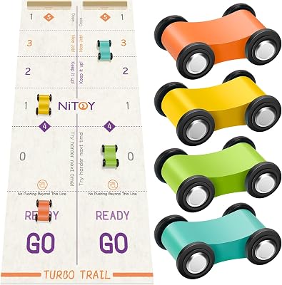 Board Games for Kids Wooden Cars Mini Racers Toy Shuffleboard 2-4 Players, Family Fun Kids Games, Portable Wooden Tabletop Game Mini Race Car Track Toy Set for Game Nights, Parties, Travel