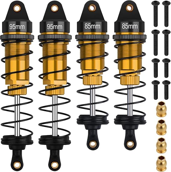 4Pcs RC Shocks Set 1:10 Scale 85mm Front & 95mm Rear Shock Absorber Set | Replacement Parts Compatible with 1/10 1/12 WLtoy Kyosho Tamiya Losi RC Buggy/Rally Racing Cars (Gold)