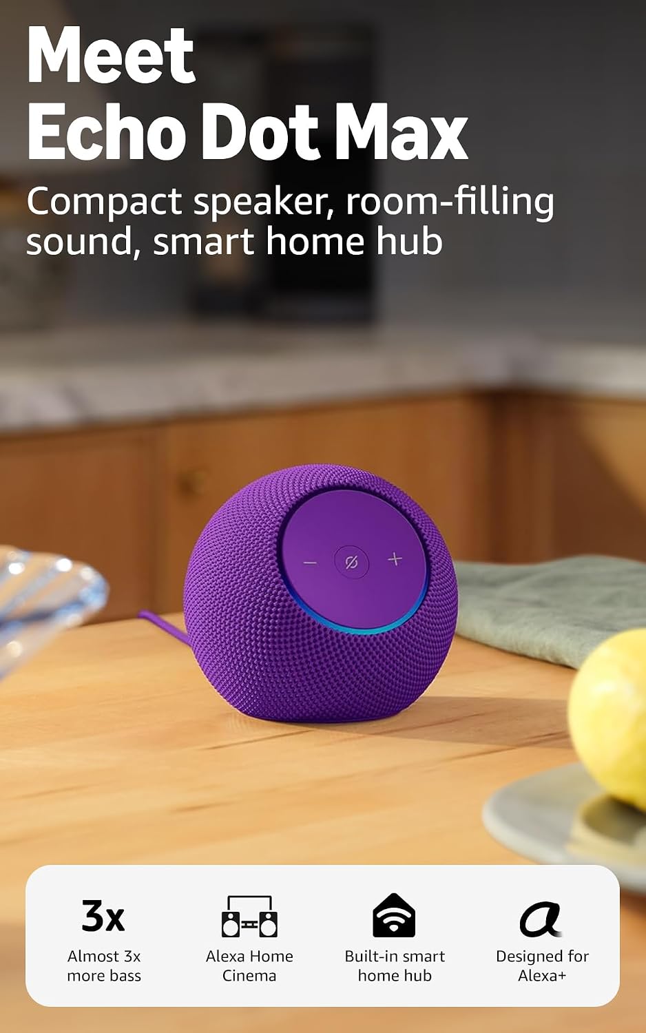 Amazon Echo Dot Max (newest gen), Bluetooth speaker with room-filling sound and built-in smart home hub, Amethyst, with Alexa+ Early Access