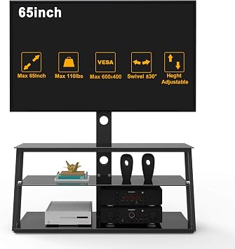 Swivel Floor TV Stand/Base, Multi-Function 3-Tier Tempered Glass Height Adjustable Bracket Entertainment Stand for 32 to 65 inch TV
