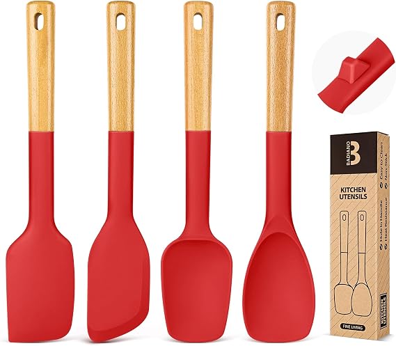 Silicone Spatula Spoon Set for Nonstick Cookwares, 4 Pack, Red | Rubber Spoonula, Great for Mixing, Folding, Scraping, and Spreading, Sturdy BPA-Free Matte Silicone, Wooden Handle