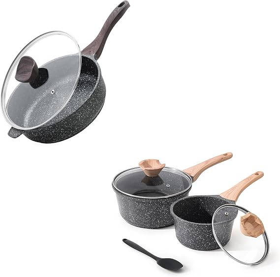 Kordisen Sauce Pan Set with Lid, 1.5QT & 2.5QT Non Stick Small Pot with Granite Coating, Saucepan with Pour Spout, Multipurpose Handy Induction Pot, Cooking Pot, PFOA/PFOS Free
