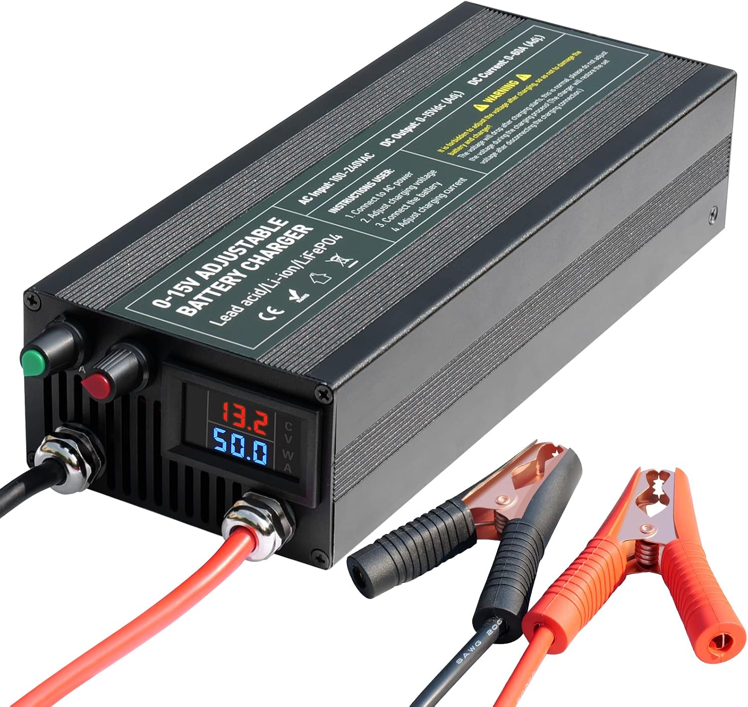 C60A 12V High Power Lifepo4 Charger Smart Battery Charger Maintainer with 0-15V Adjustable Current and Voltage, 12.6V Portable Power Adapter for 14.6V LiFePO4 Lithium Iron Rechargeable Battery60A