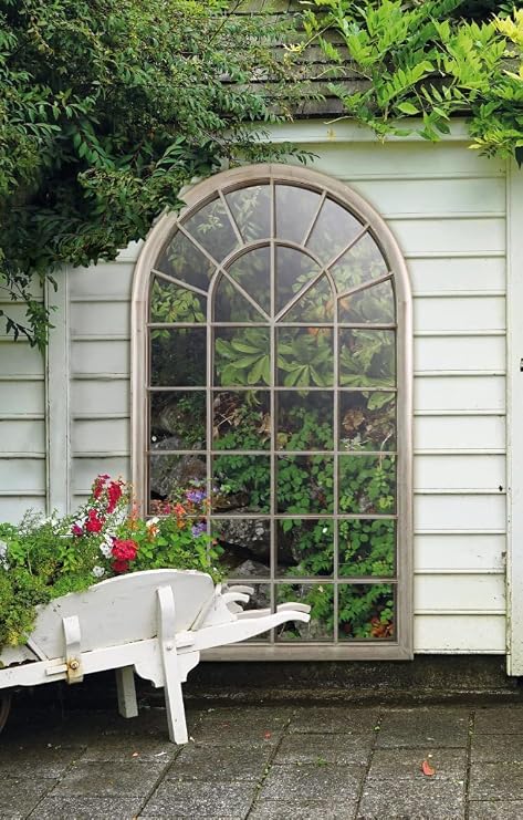 MirrorOutlet Large New Rustic Multi Panelled Arched Window Garden Outdoor Mirror5ft3 x 3ft / 160cm x 91cm,GMA022, Brown