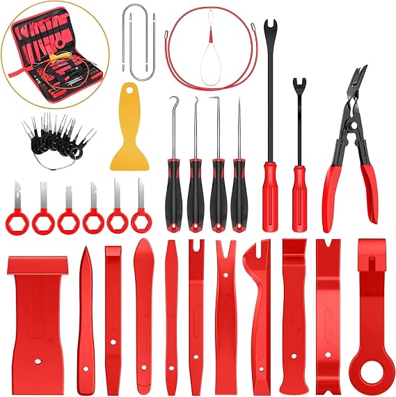 Car Trim Removal Tool Kit, 38Pcs, Auto Body Dash Dashboard Interior Removing Tools Door Panel Clip Pliers, Automotive Repair Plastic Pry Prying Tools Hook Pick Set, Radio & Door Panel Removal (Red)