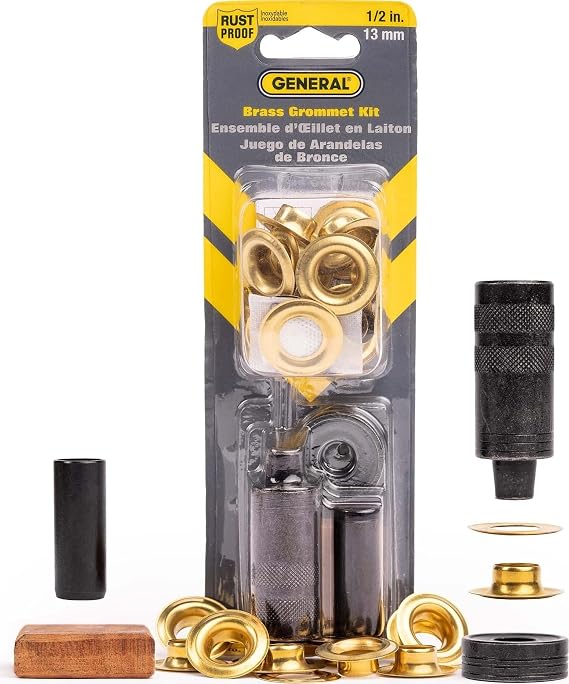 General Tools 1/2" Grommet Tool Kit - 12 Solid Brass Grommets for Tarps Repair, Fabric Rings, Reinforcing Canvases, Canopies