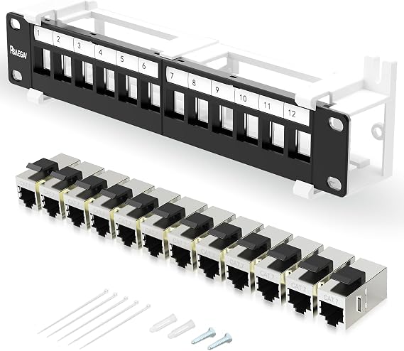 12 Port Keystone Patch Panel with Cat7 Keystone Jack STP 89D Wall Mount Bracket Versatile Vertical Horizontal Installation (12 Port + Cat7 Keystone Jack STP)
