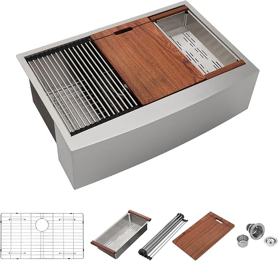 Mocoloo 33 Farmhouse Sink - 33 x 22 Inch Stainless Steel Undermount Kitchen Sink Workstation Ledge 16 Gauge Single Bowl Deep Basin Handmade Apron Front Farm Style Sinks