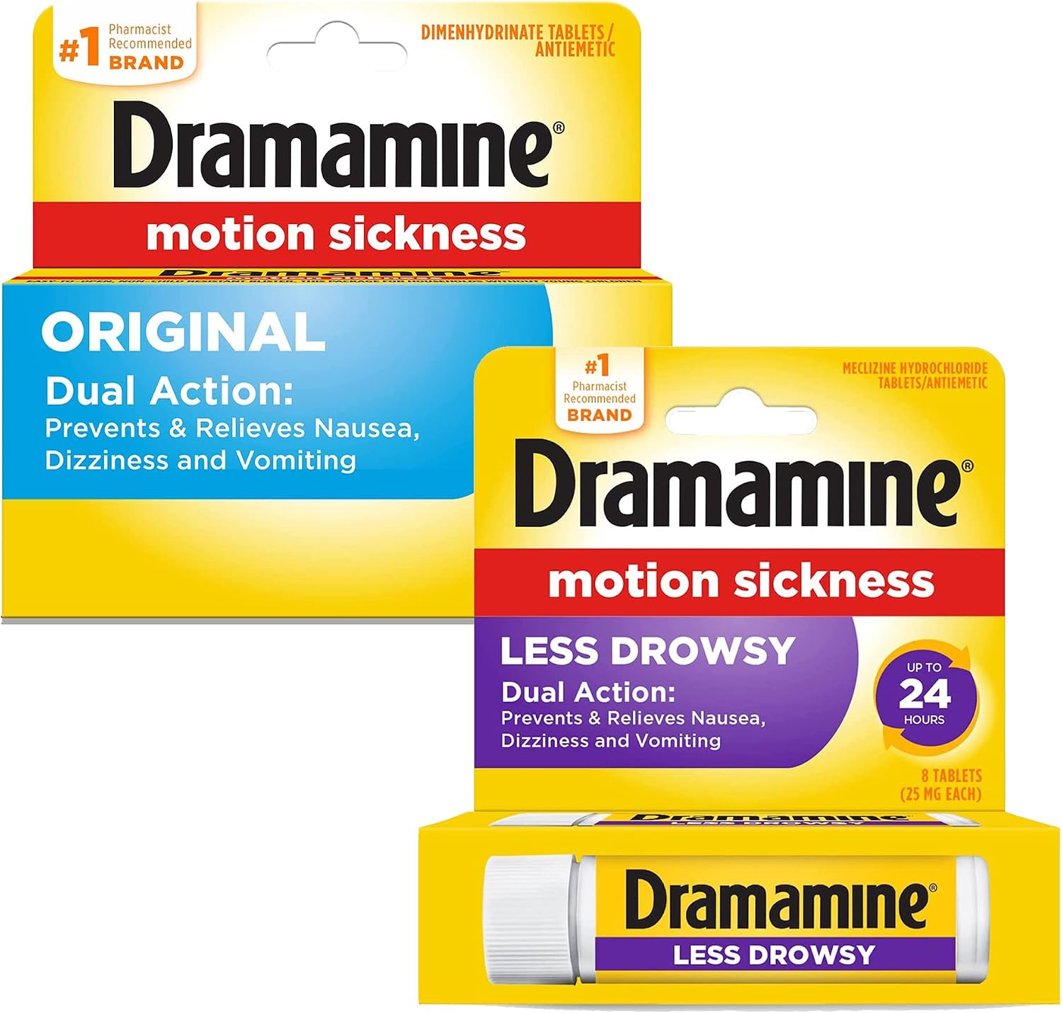Dramamine Motion Sickness Variety Pack 1-All Day Less Drowsy 8 Count, 1- Original Formula 36 Count