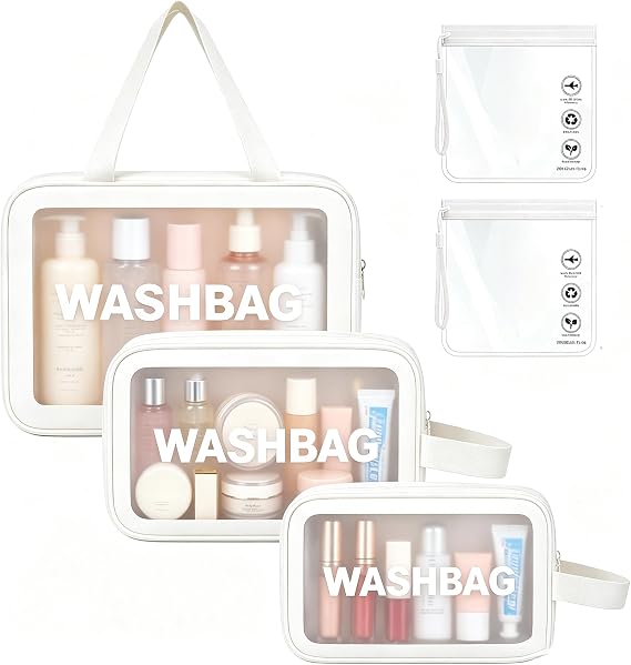 WUBAYI 5Pcs Clear Toiletry Bag, Waterproof PU Makeup Bag with Zipper Handle, Portable Airport Cosmetic Bag for Women & Men, Travel Accessories Wash Bag for Travelling & Holiday (5 Packs White)