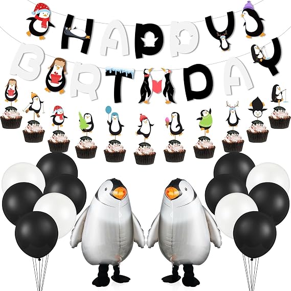 48 Piece Penguin Party Decorations - Happy Birthday Banner, Walking Penguin Balloons, Cake Toppers, Latex Balloons for Baby Shower or Winter Theme Celebrations