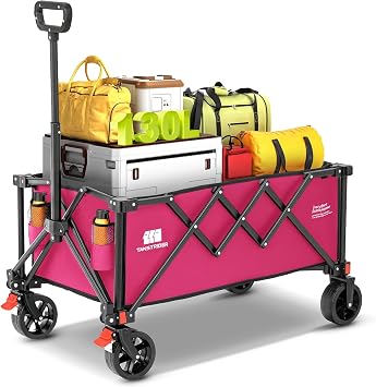 Collapsible Wagon with Wheels,Wagons Carts Foldable Wagon Cart with Flexible Handle, Lightweight Portable Folding Utility Grocery Shopping Cart for Grocery Sports Garden CampingPink