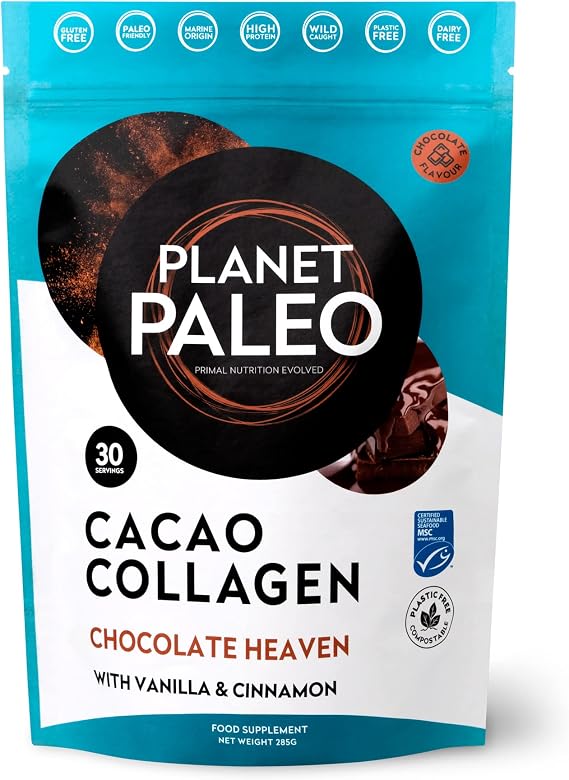 Planet Paleo Marine Collagen with Cacao (285g, 30 Servings) - MSC Certified, Wild Caught Marine Collagen | Type 1 Collagen, Protein-Rich, for Healthy Skin, Hair and Nails, Tissue Repair