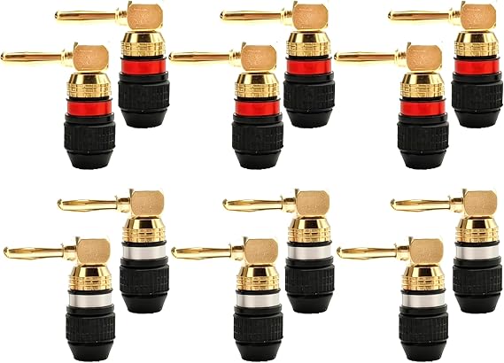 KCT 24K Real Gold Plated Right-Angle Speaker Banana Plugs Fast Lock 6 Pairs(6 red +6 Black) Quick Connect 90 Degree