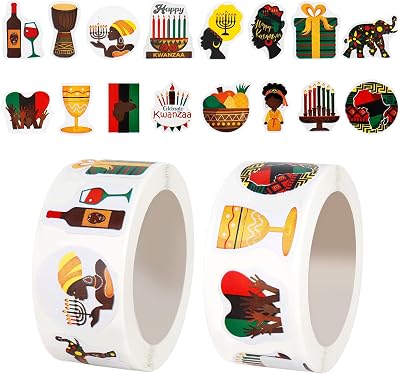 Kwanzaa Stickers, 1000 Pcs Happy Self Adhesive Kwanzaa Crafts Stickers, African American Festival African Drum Fruit Holiday Decals Decor for Party Favor Supplies
