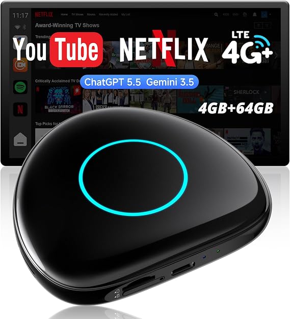 Wireless CarPlay&Android Auto Adapter Magic AI Box 4GB+64GB | 4G LTE, GPS, Android 13 OS, Gemini 3.5, Compatible with Wired Factory CarPlay&Android Auto, Support for YouTube/Netflix